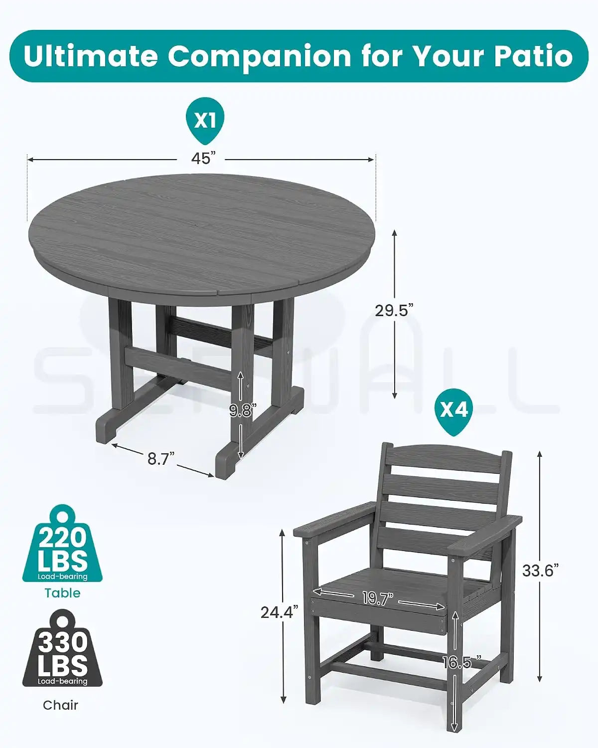 SERWALL 6-Pc Dining Set, 45" Table, 4 Chairs&9FT Umbrella, Grey (No Base)