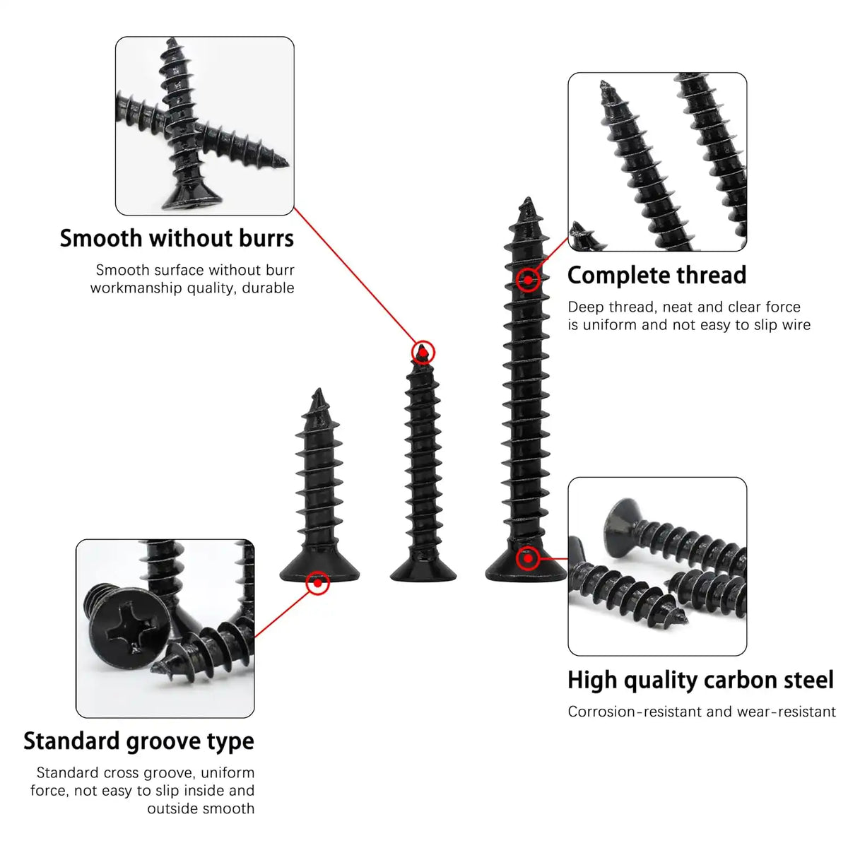#4#8#10 Wood Screws Assortment Kit 175pcs, Phillips Flat Head Self Tapping Screws, Black Zinc Plated, Carbon Steel, Assorted Screws for Metal & Wood, Black Wood Screws - 1/2",3/4",1",1-1/2"
