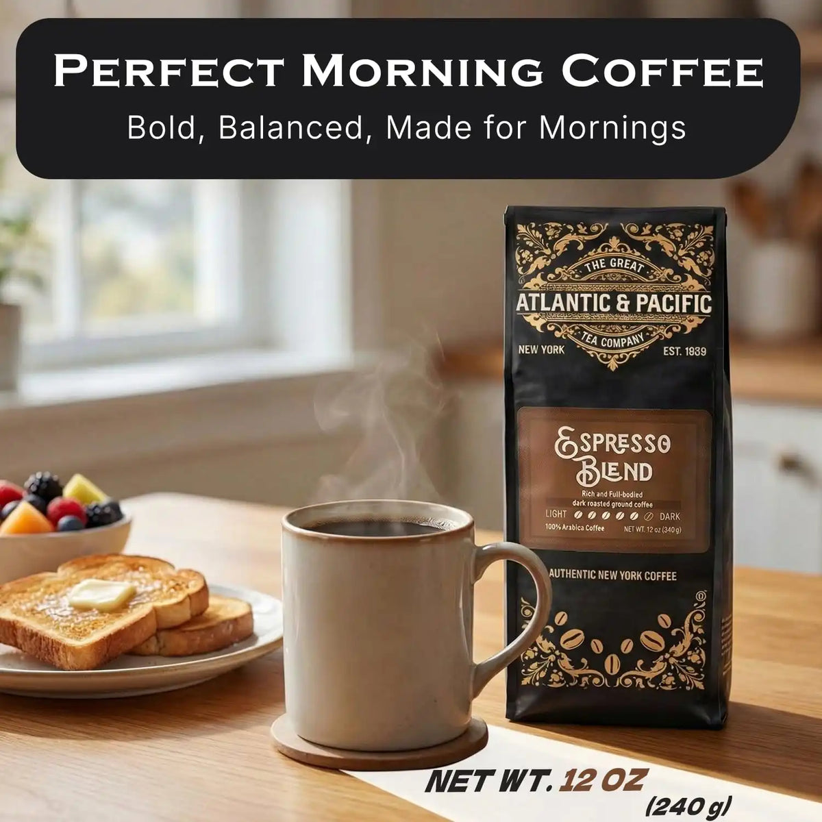 A&P Espresso Roast Dark Roast Ground Coffee, 100% Arabica, 12 oz, 3 Pack