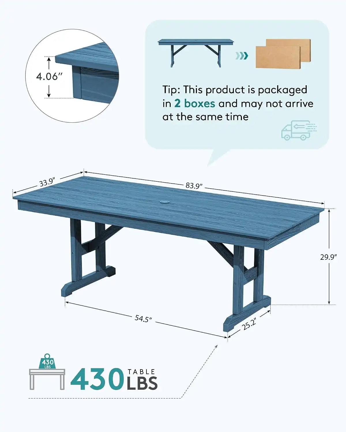 SERWALL Outdoor 84" HDPE Rectangular Dining Table for 6-8,All-Weather,Blue