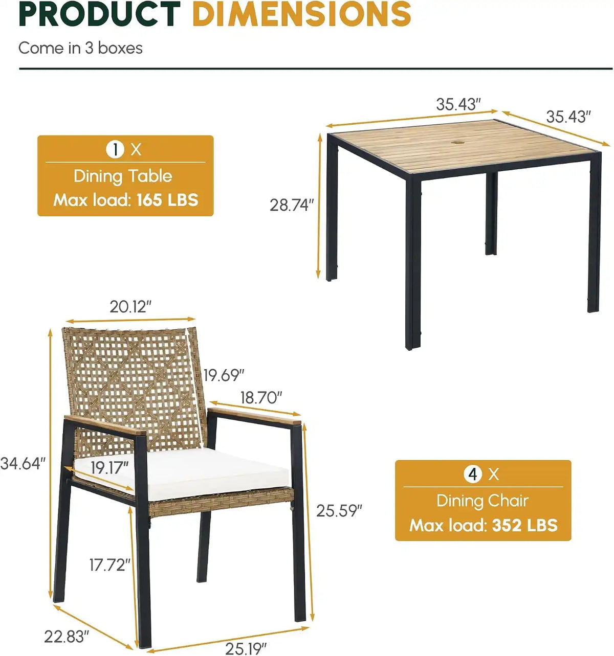 5 PCS Acacia Wood Patio Dining Set, Yellow & White