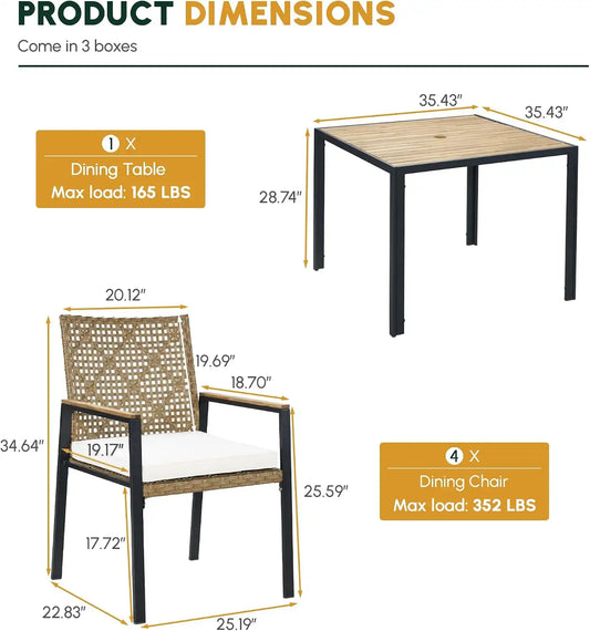 5 PCS Acacia Wood Patio Dining Set, Yellow & White