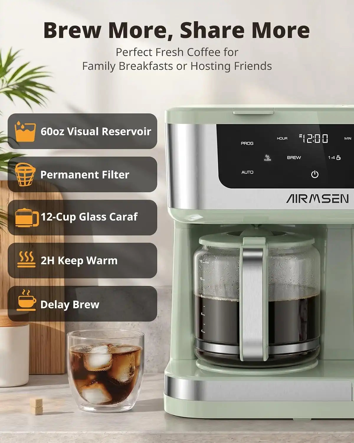 AIRMSEN 12-Cup Programmable Dual Coffee Maker – Single Serve Machine for K-Pods & Ground, 1000W Fast Brew, Delay Start, 2H Keep Warm, Touchscreen, 60oz Tank, Glass Carafe – Home & Office