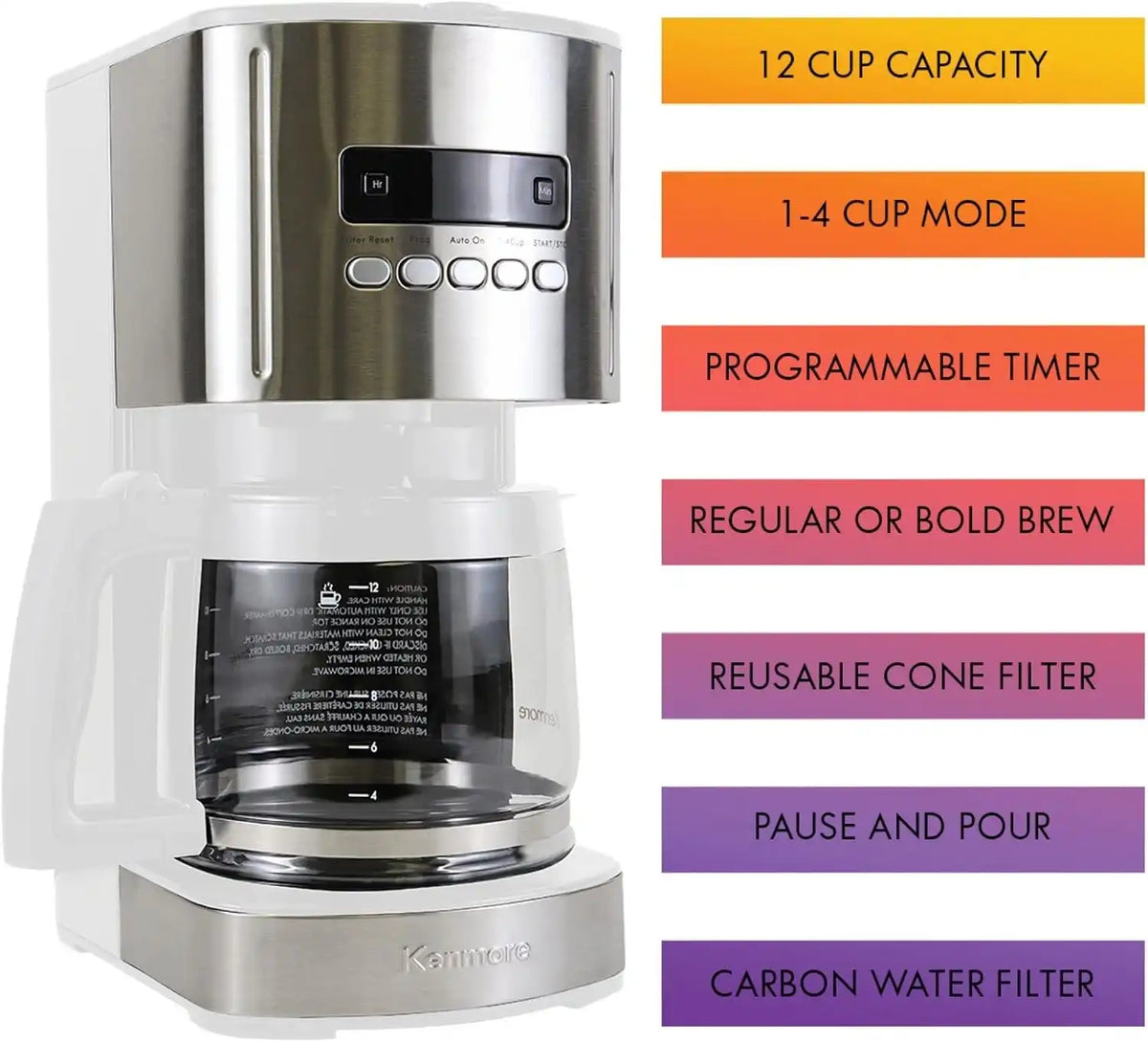enmore Aroma Control 12-cup Programmable Coffee Maker, White and Stainless Steel Drip Coffee Machine, Glass Carafe, Reusable Filter, Timer, Digital Display, Charcoal Water Filter, Regular or Bold