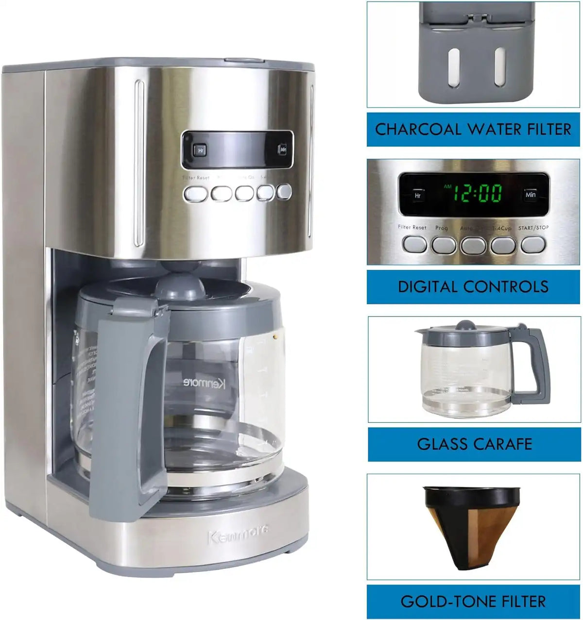 Koolatron Kenmore 12-Cup Programmable Coffee Maker, Glass Carafe, Gray