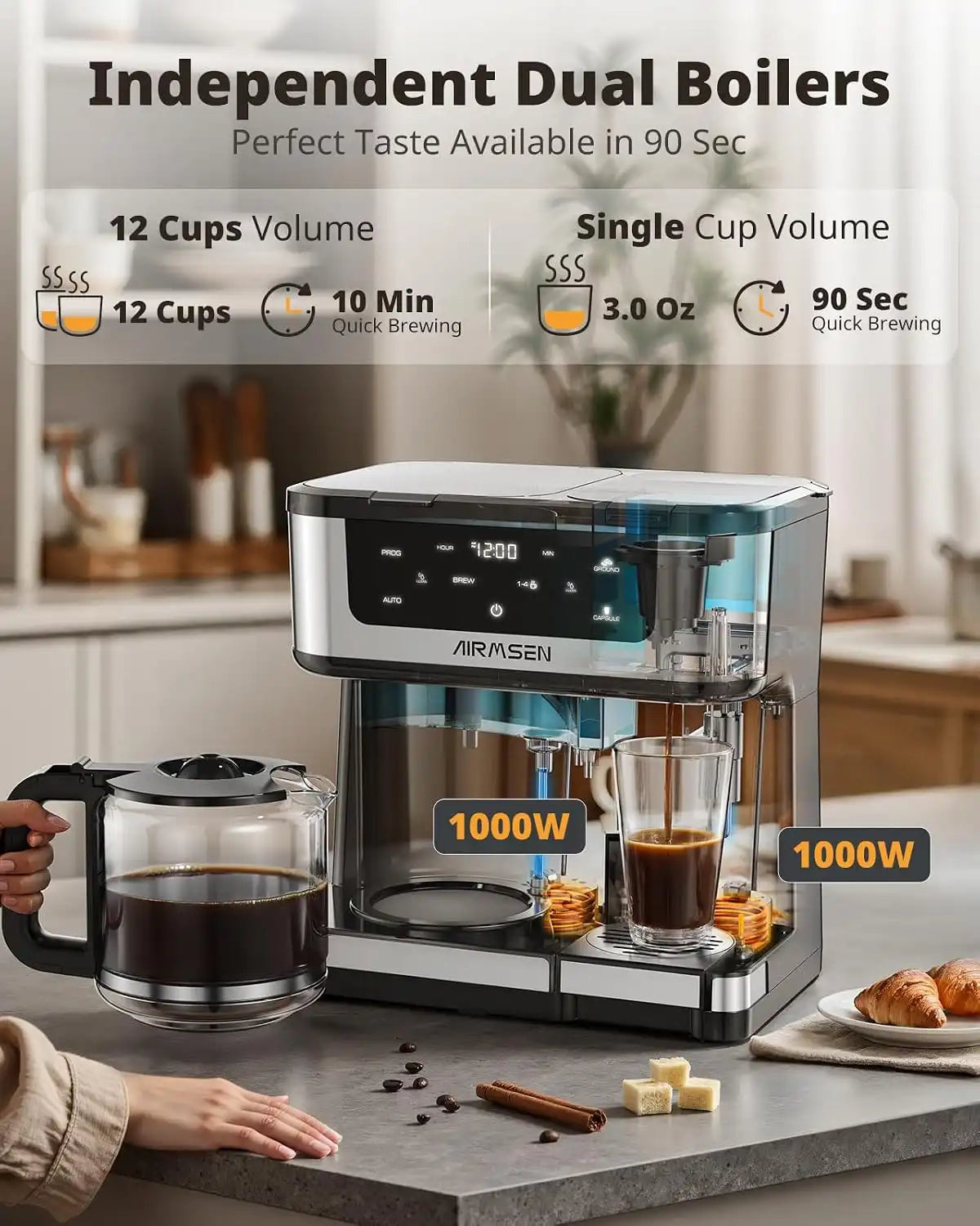AIRMSEN 12-Cup Programmable Dual Coffee Maker – Single Serve Machine for K-Pods & Ground, 1000W Fast Brew, Delay Start, 2H Keep Warm, Touchscreen, 60oz Tank, Glass Carafe – Home & Office