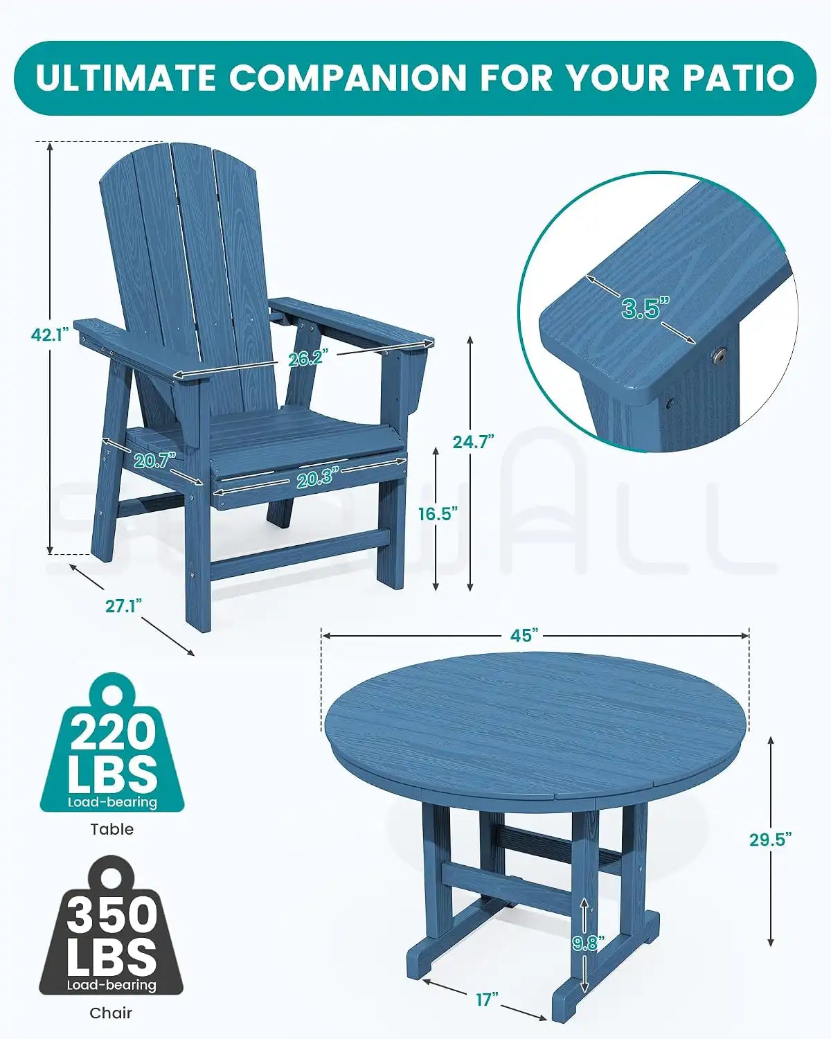 SERWALL Outdoor Adirondack Dining Chair Set of 2, All Weather HDPE, Navy