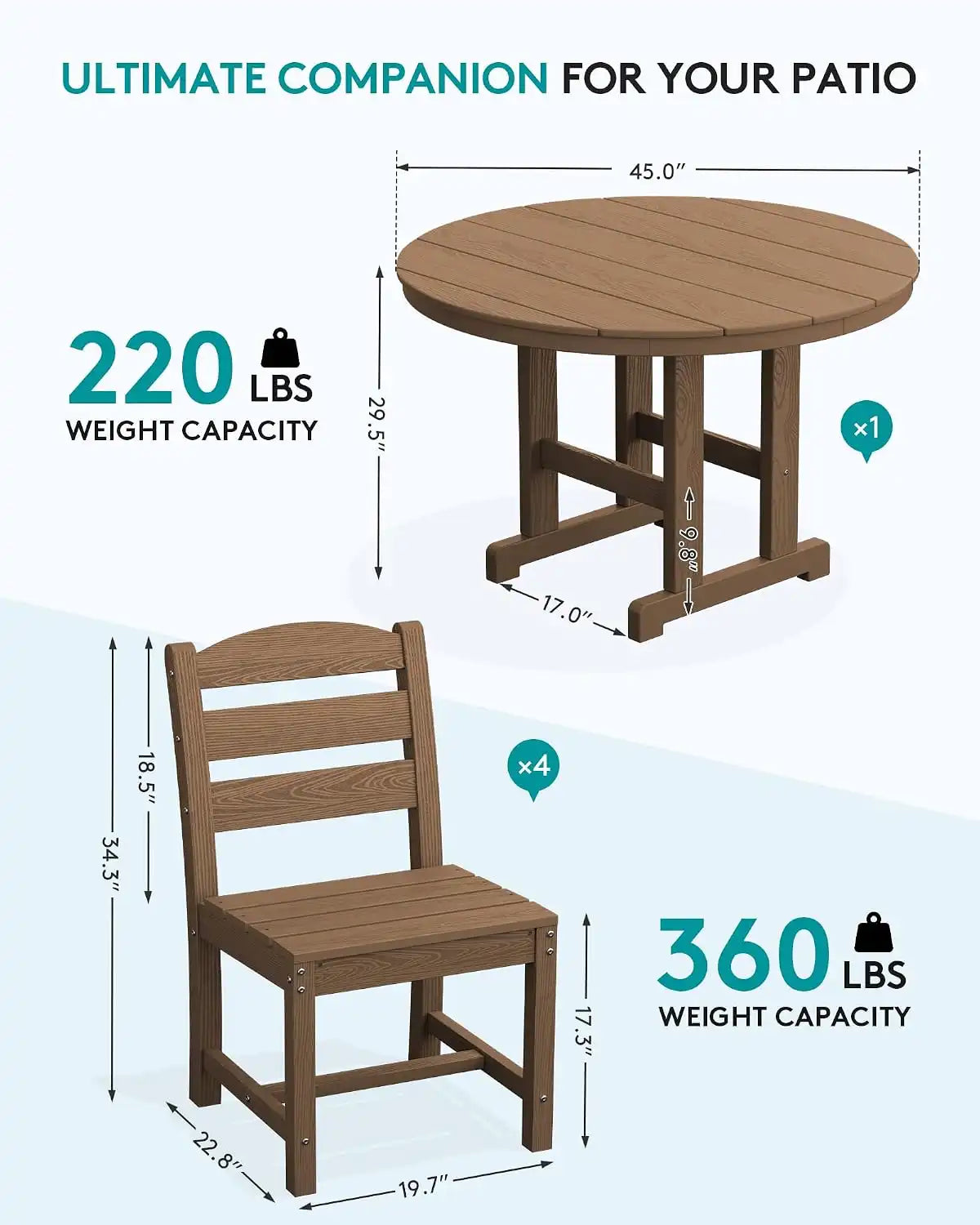 SERWALL 5-Piece Patio Dining Set, 45" Table & 4 Armless Chairs, Brown