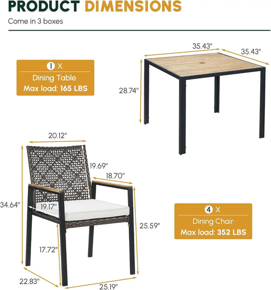 5 PCS Acacia Wood Patio Dining Set, Brown & White