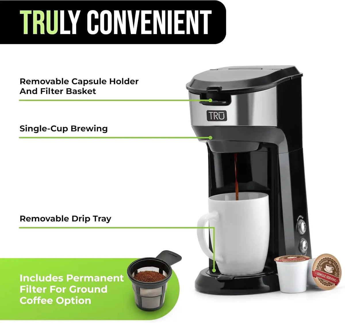 Tru Single Serve Dual Brew Coffee Maker for Capsules or Grounds