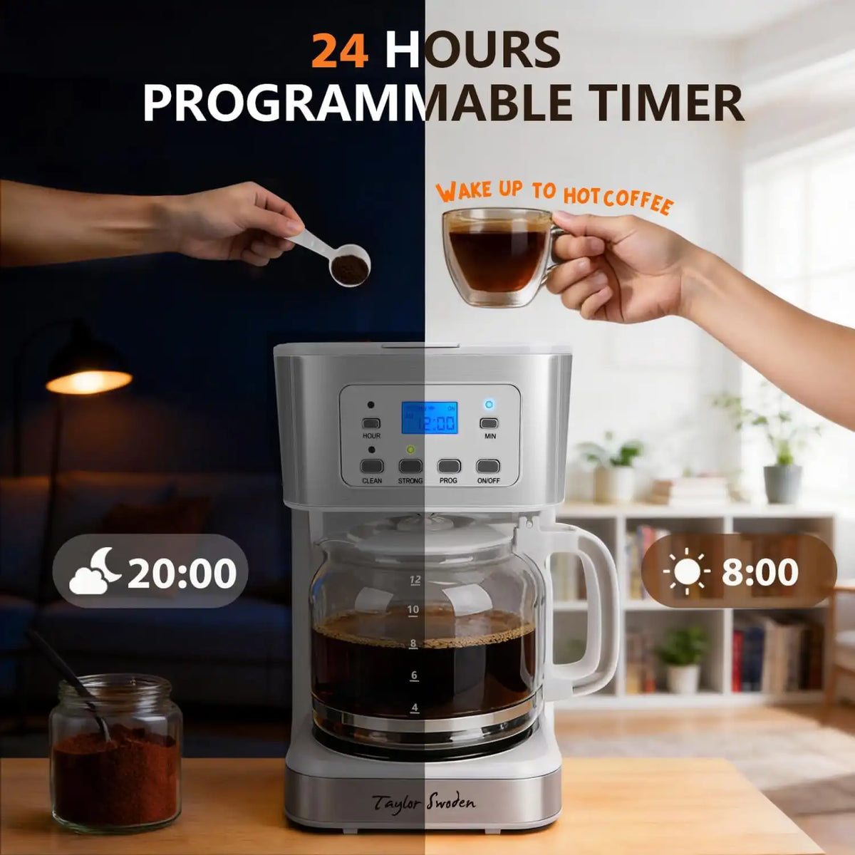 Taylor Swoden 12-Cup Programmable Coffee Maker, White & Stainless Steel