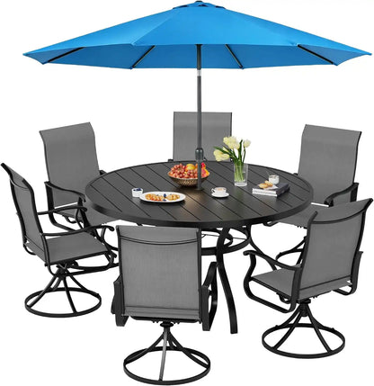 SUNCROWN 8-Piece Outdoor Dining Set, All Weather Patio Furniture Sets with 6 Dark Gray Swivel Textilene Mesh Chairs & Round Metal Table & 1 Light Blue 9Ft Umbrella for Deck Garden Backyard Poolside
