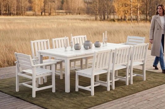 Perli™ 9-Piece Outdoor Dining Set, All-Weather HDPE Patio Furniture with 8 Ergonomic Chairs & Large Table, Built-in Umbrella Hole, UV-Resistant Set for Backyard, Deck, Poolside, White