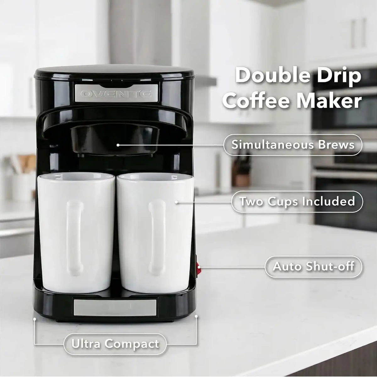 OVENTE Dual Drip Coffee Maker with Easy On/Off Switch, Black CMDD2MB