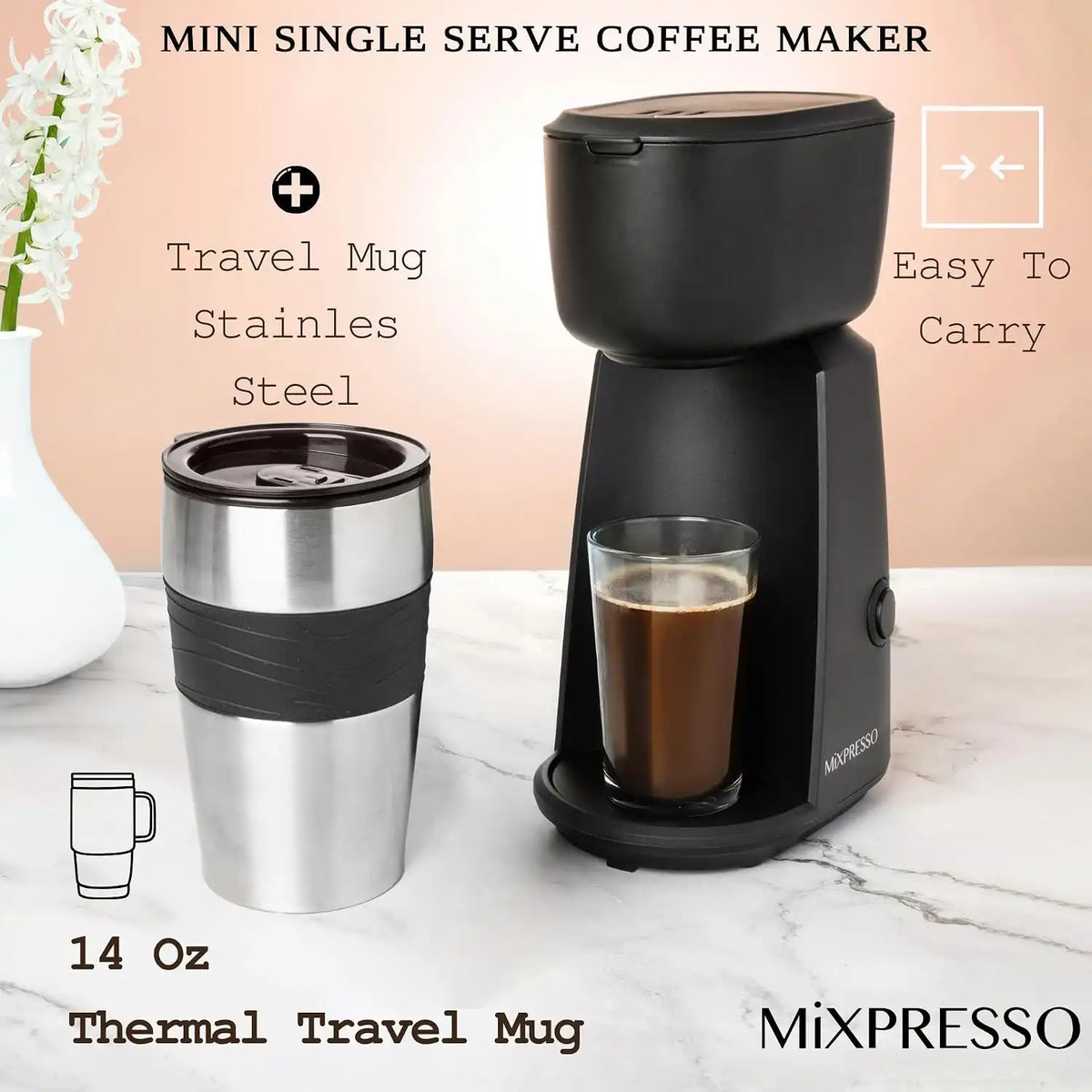 Mixpresso Single Serve & Single Cup Coffee Maker with 14oz Travel Mug Black