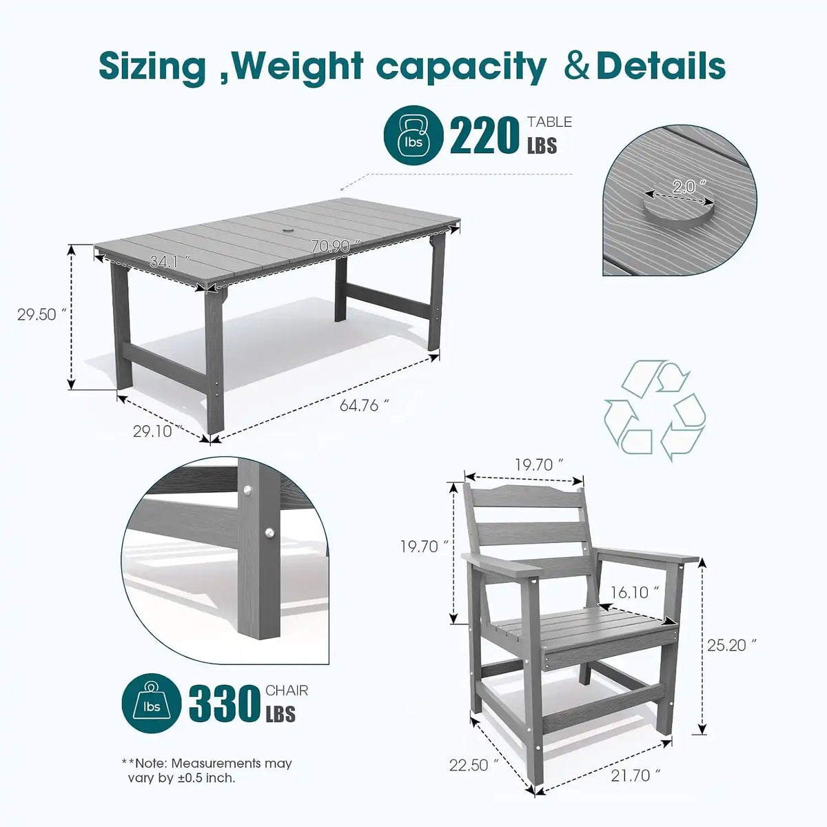 THOEOE Outdoor Dining Chair Set of 2, HDPE Patio Armchairs Grey