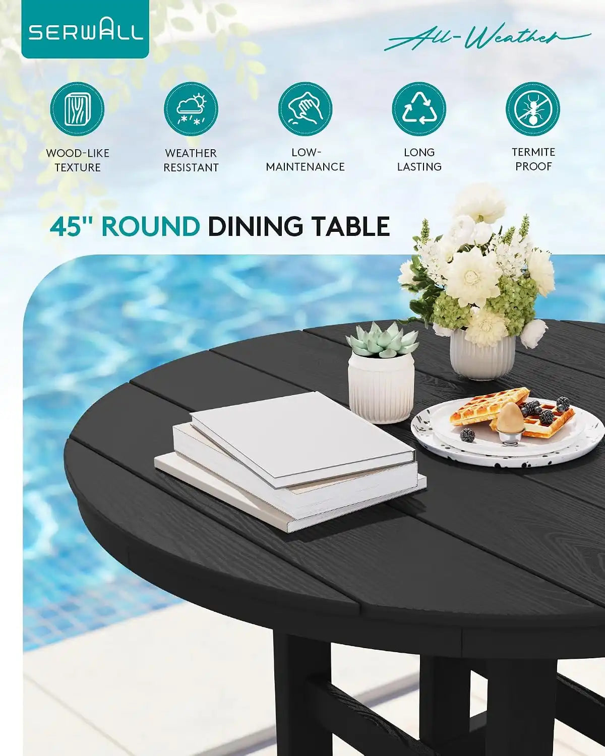 SERWALL 5-Piece Patio Dining Set, 45" Table & 4 Armless Chairs, Black
