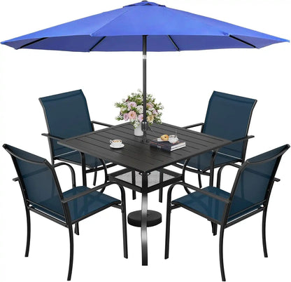 SUNCROWN 6 - Piece Outdoor Dining Set, Patio Furniture Set with 4 Textilene Dinning Chairs, 1 Steel Slat Metal Bistro Table and 1 Dark Blue 9Ft Patio Umbrella for Lawn Garden Backyard Deck, Dark Blue