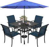 SUNCROWN 6 - Piece Outdoor Dining Set, Patio Furniture Set with 4 Textilene Dinning Chairs, 1 Steel Slat Metal Bistro Table and 1 Dark Blue 9Ft Patio Umbrella for Lawn Garden Backyard Deck, Dark Blue