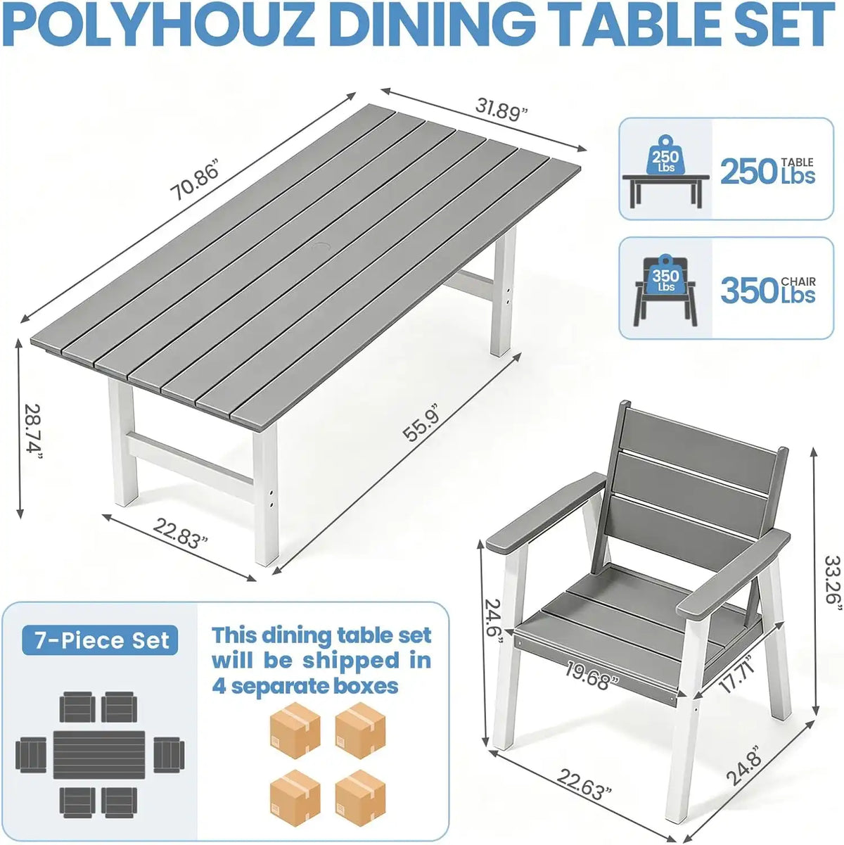 Outdoor Dining Set for 6, 7-Piece Patio Table and Chairs Set, HDPE Outdoor Dining Table and Chairs with Umbrella Hole, All-Weather Dining Furniture Set,White Grey