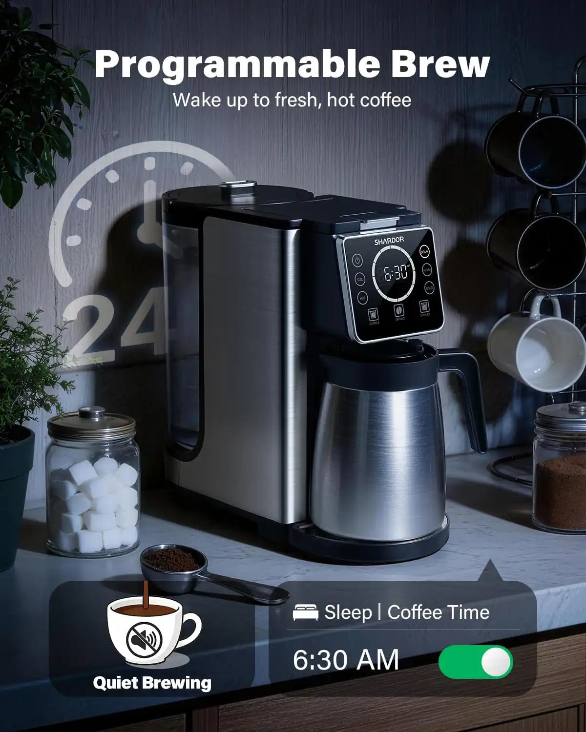 SHARDOR Single Serve & Carafe Coffee Maker, Dual Brew for K Cup Pods & Ground Coffee, Hot & Iced Drip Coffee Machine, 6-32oz Sizes, 95oz Removable Water Reservoir, 24H Programmable, Thermal Carafe