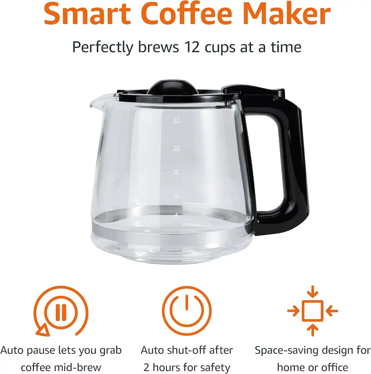 Amazon Basics Programmable 12 Cup Drip Coffee Maker with Glass Coffee Pot (1.9 Qt), Auto Shut-off, Touch Screen, Auto Pause, Removable Filter Basket, Black & Silver