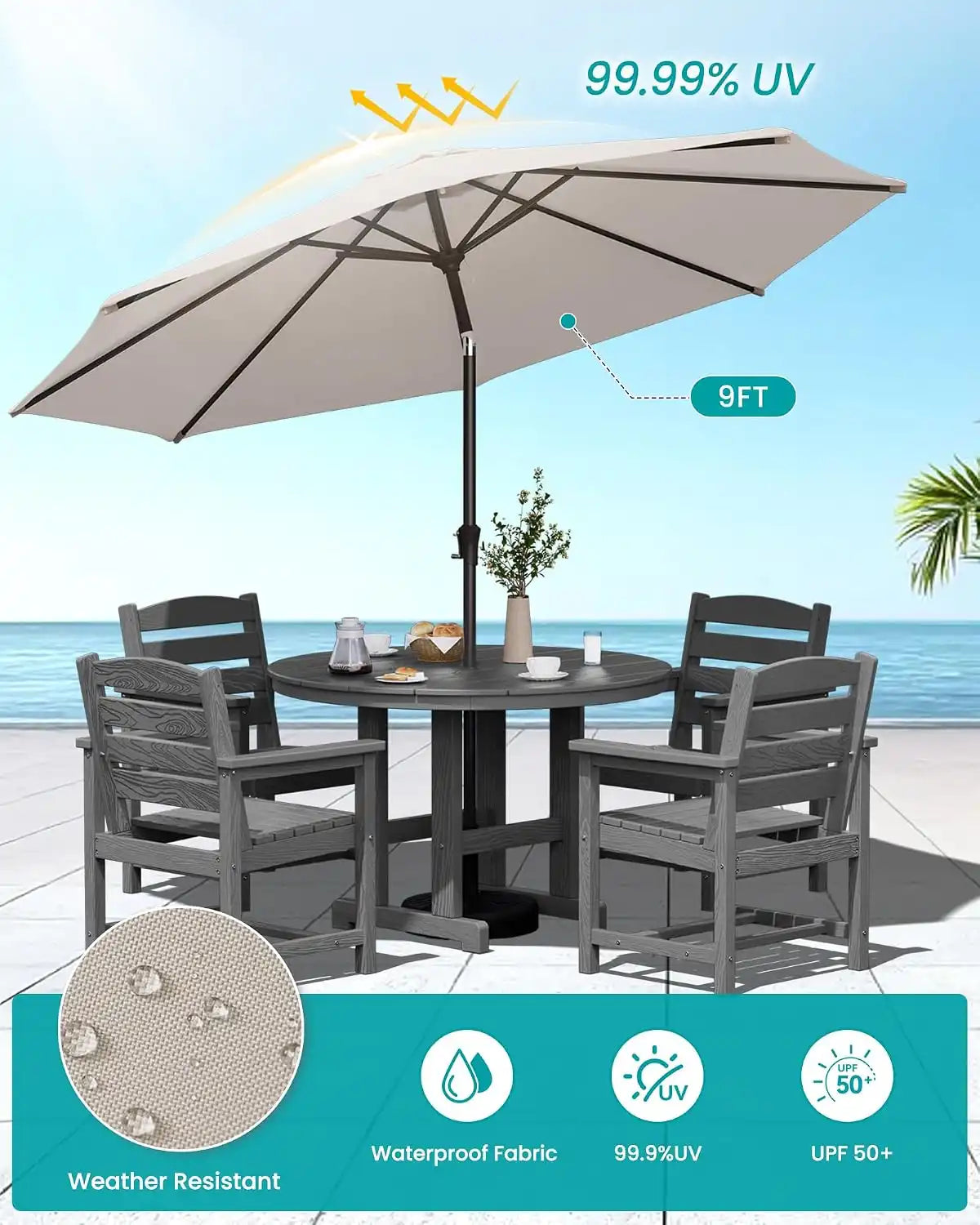 SERWALL 6-Pc Dining Set, 45" Table, 4 Chairs&9FT Umbrella, Grey (No Base)