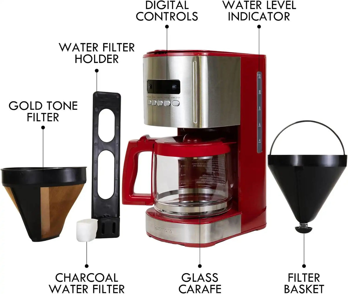 Kenmore 12-Cup Coffee Maker, Glass Carafe, Cafetera Programable, Red