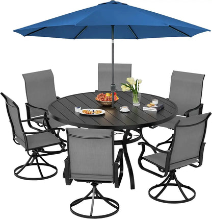 SUNCROWN 8-Piece Outdoor Dining Set, All Weather Patio Furniture Sets with 6 Dark Gray Swivel Textilene Mesh Chairs & Round Metal Table & 1 Dark Blue 9Ft Umbrella for Deck Garden Backyard Poolside
