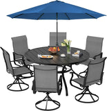 SUNCROWN 8-Piece Outdoor Dining Set, All Weather Patio Furniture Sets with 6 Dark Gray Swivel Textilene Mesh Chairs & Round Metal Table & 1 Dark Blue 9Ft Umbrella for Deck Garden Backyard Poolside