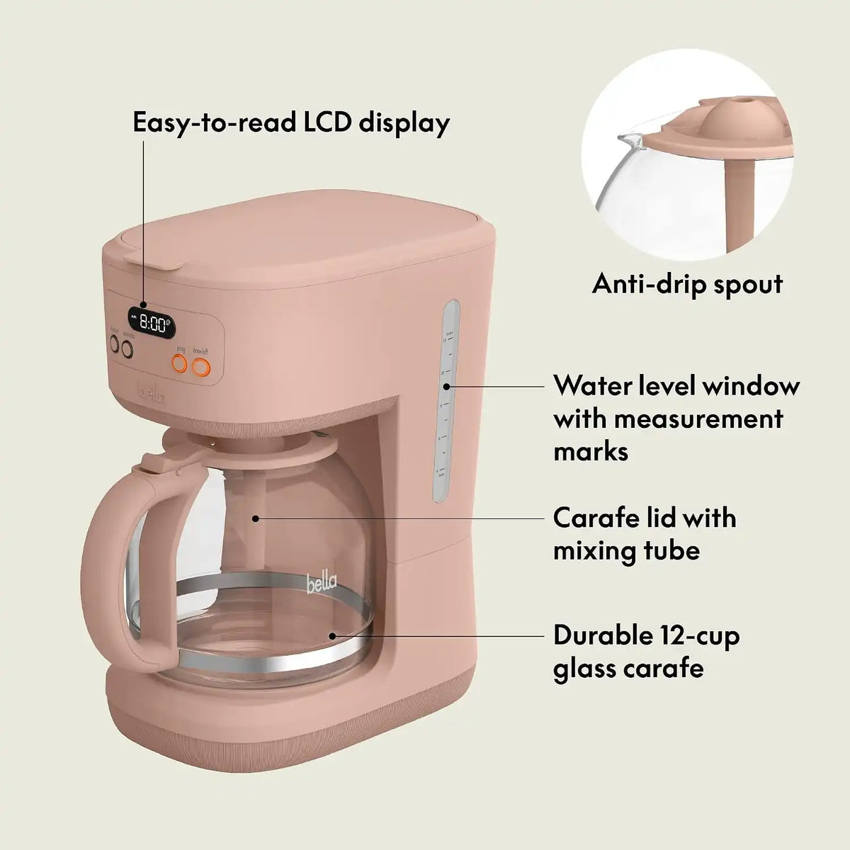BELLA 12 Cup Programmable Coffee Maker, Reusable Dishwasher Safe Accessories, Easy LCD display, Auto Shutoff, 900 watt, Blossom