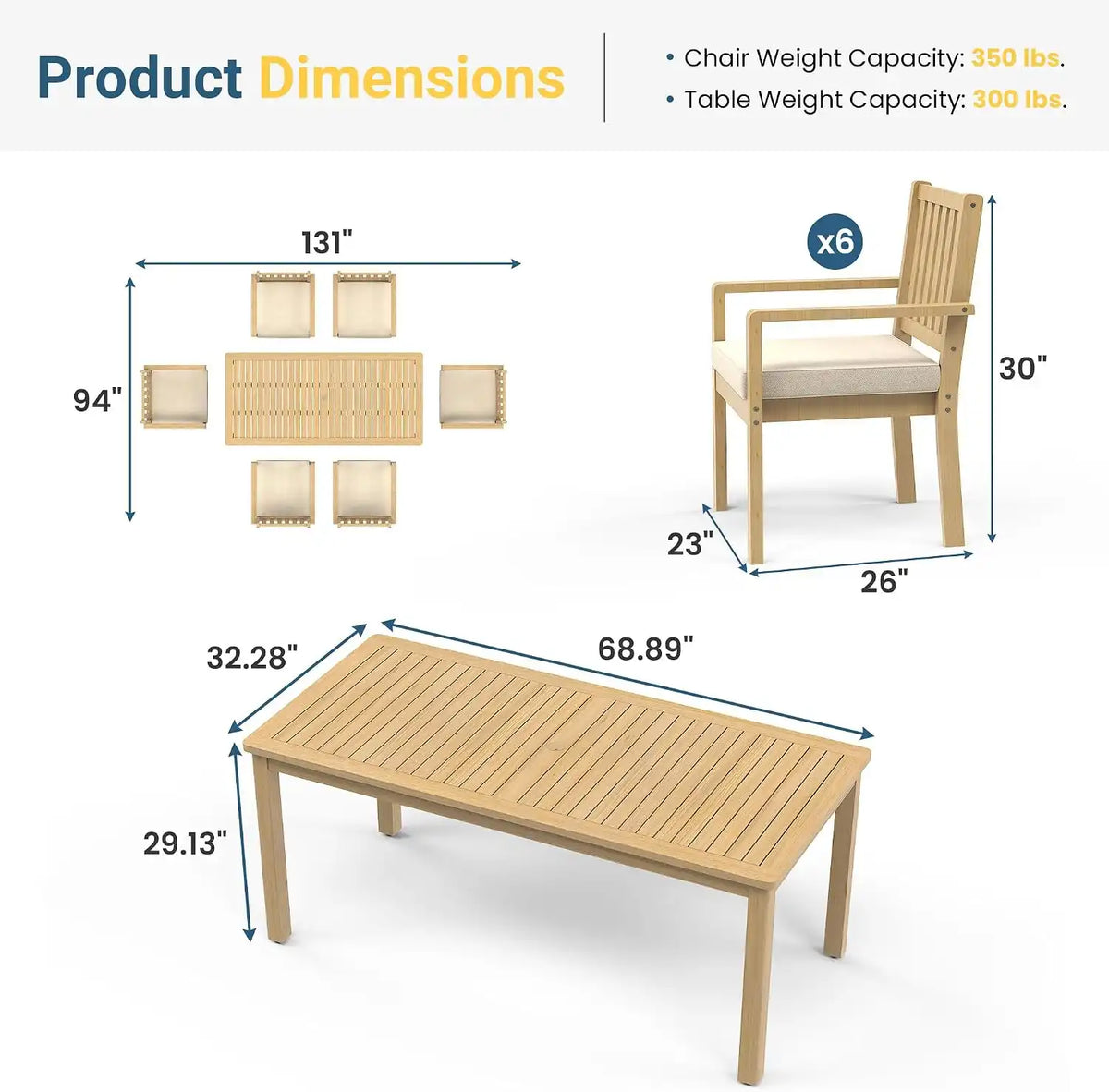 Wisteria Lane 7-Pieces Acacia Outdoor Patio Dining Table and Chairs for 6