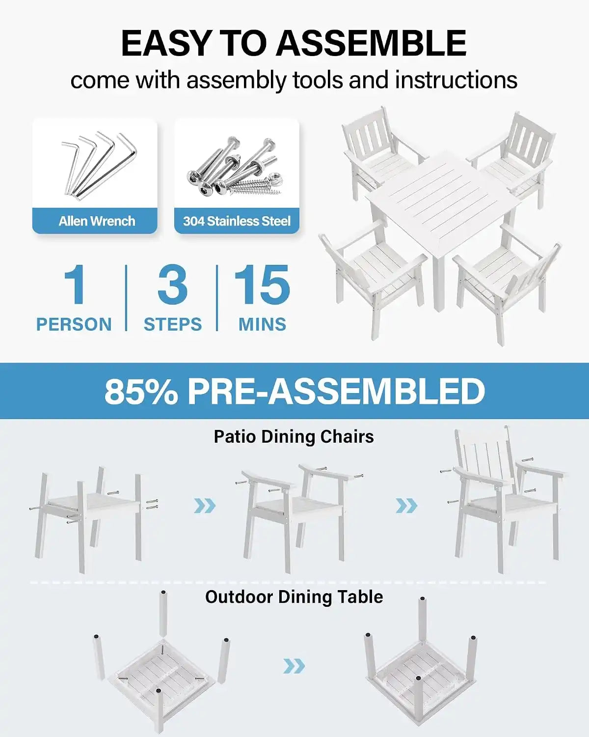 YEFU Patio Table Set for 4, All-Weather HIPS, Metal Aluminum Frame, White