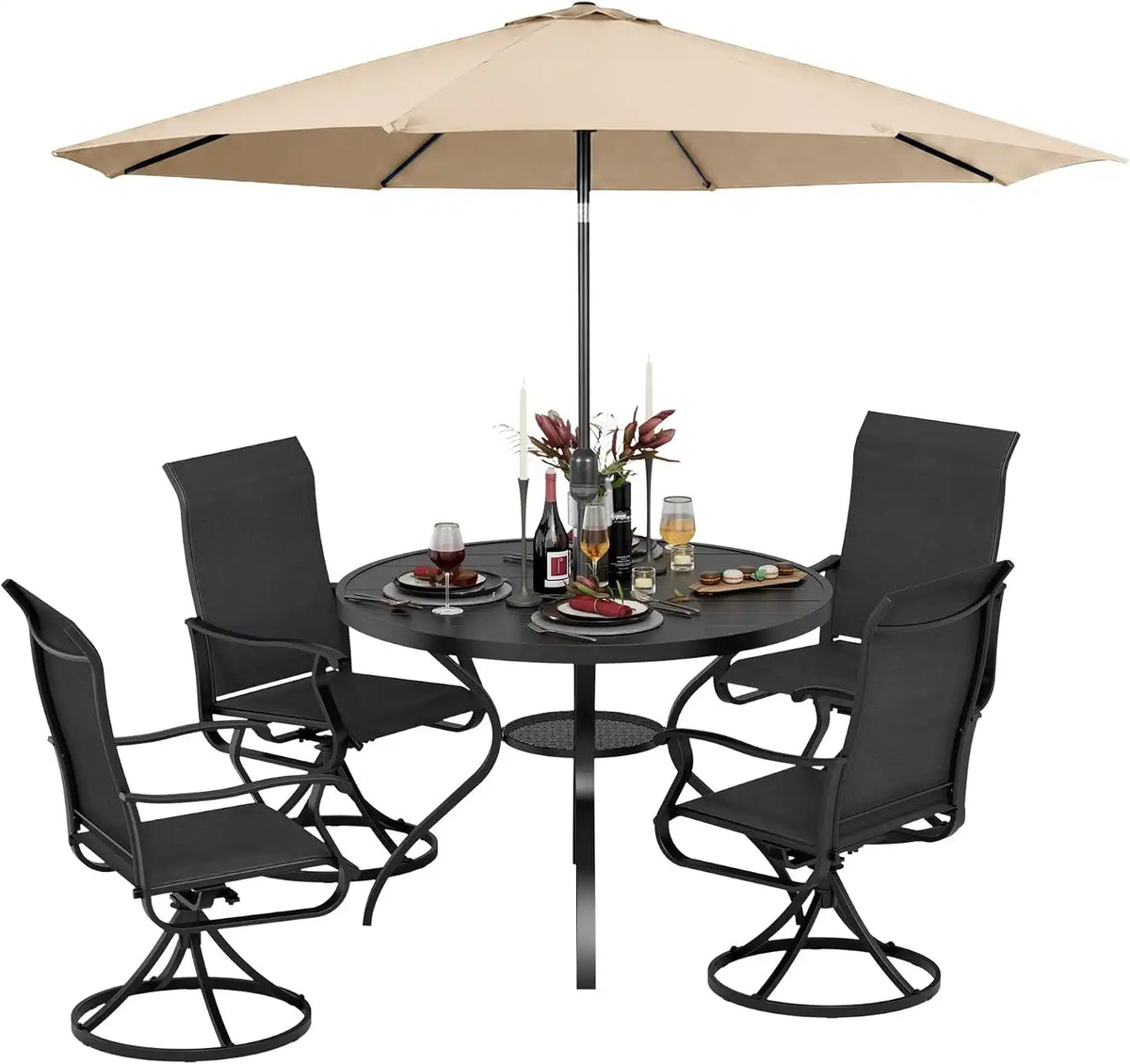 SUNCROWN 6-Piece Outdoor Dining Set, All Weather Patio Furniture Sets with 4 Black Swivel Textilene Mesh Chairs & Round Metal Table & 1 Brown 9Ft Umbrella for Deck Garden Backyard Poolside