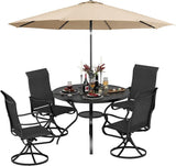 SUNCROWN 6-Piece Outdoor Dining Set, All Weather Patio Furniture Sets with 4 Black Swivel Textilene Mesh Chairs & Round Metal Table & 1 Brown 9Ft Umbrella for Deck Garden Backyard Poolside