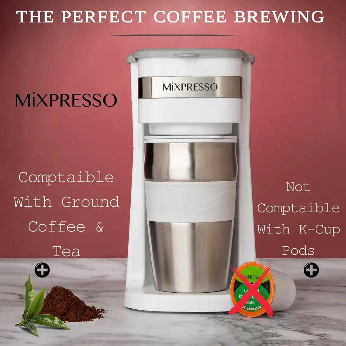 Mixpresso Single Serve & Single Cup Coffee Maker with 14oz Travel Mug White