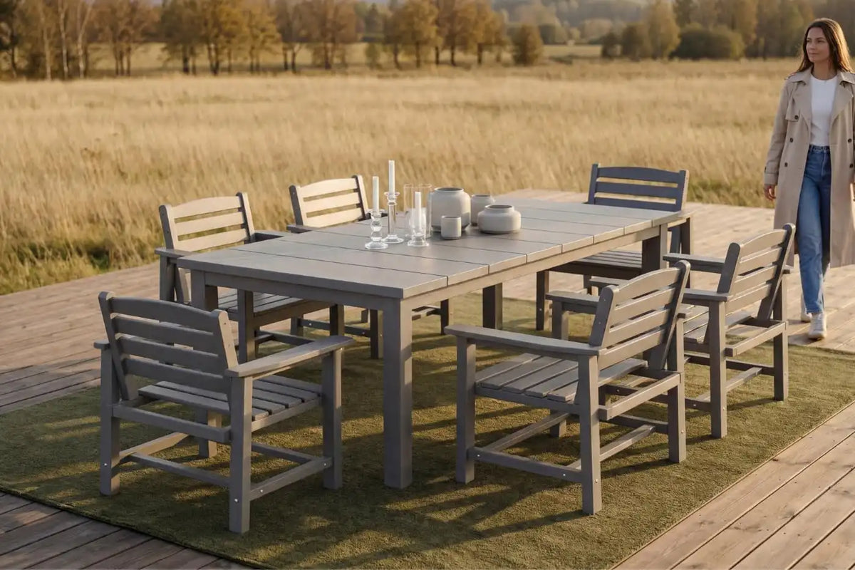 Perli™ 7-Piece Outdoor Dining Set, All-Weather HDPE Patio Furniture with 6 Ergonomic Chairs & Large Table, Built-in Umbrella Hole, UV-Resistant Set for Backyard, Deck, Poolside, Grey