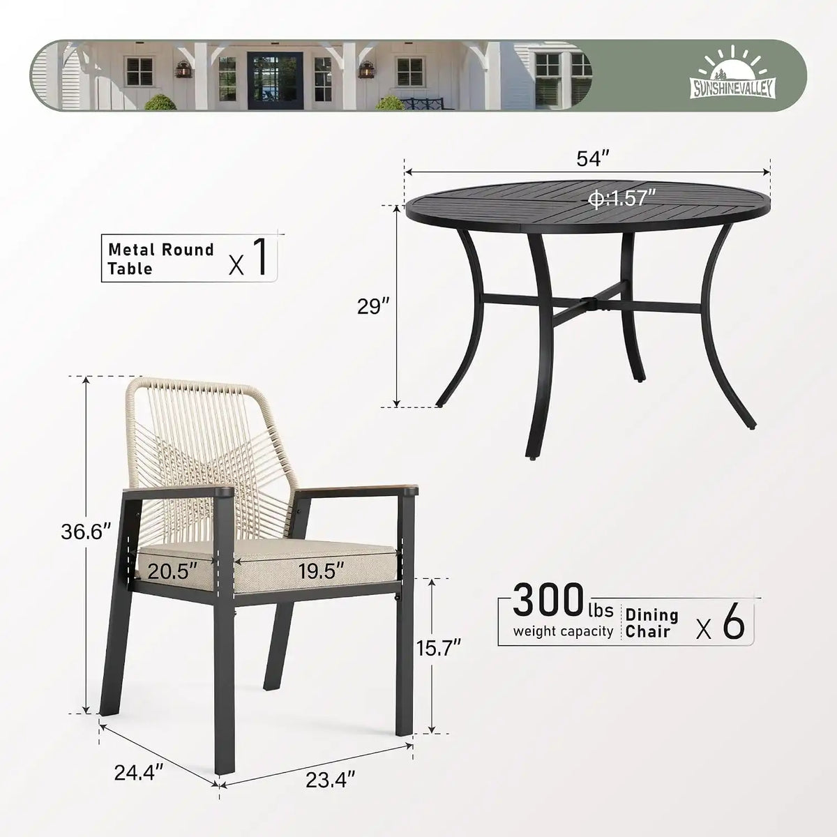 SUNSHINE VALLEY 7pc Patio Dining Set, 54" Round Table & 6 Rattan Chairs