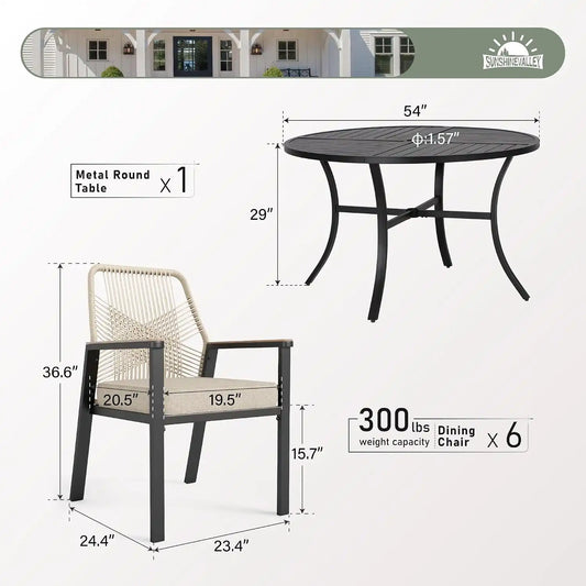 SUNSHINE VALLEY 7pc Patio Dining Set, 54" Round Table & 6 Rattan Chairs