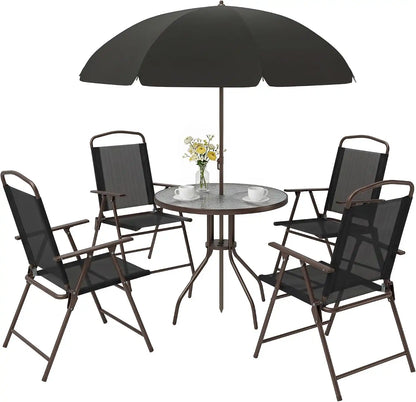 Outsunny 6 Piece Outdoor Patio Dining Set for 4 with Umbrella Black/Coffee