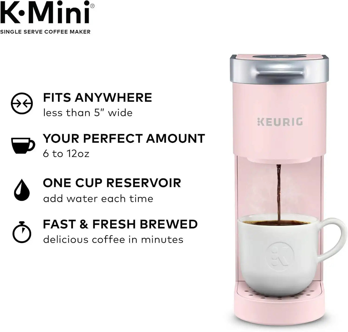 Keurig K-Mini Single Serve K-Cup Pod Coffee Maker, 6 to 12oz Brew size, with Cord Storage, Perfect for Small Spaces, Dusty Rose