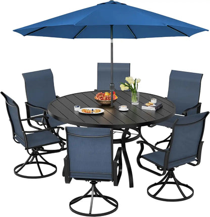SUNCROWN 8-Piece Outdoor Dining Set, All Weather Patio Furniture Sets with 6 Dark Blue Swivel Textilene Mesh Chairs & Round Metal Table & 1 Dark Blue 9Ft Umbrella for Deck Garden Backyard Poolside
