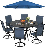 SUNCROWN 8-Piece Outdoor Dining Set, All Weather Patio Furniture Sets with 6 Dark Blue Swivel Textilene Mesh Chairs & Round Metal Table & 1 Dark Blue 9Ft Umbrella for Deck Garden Backyard Poolside