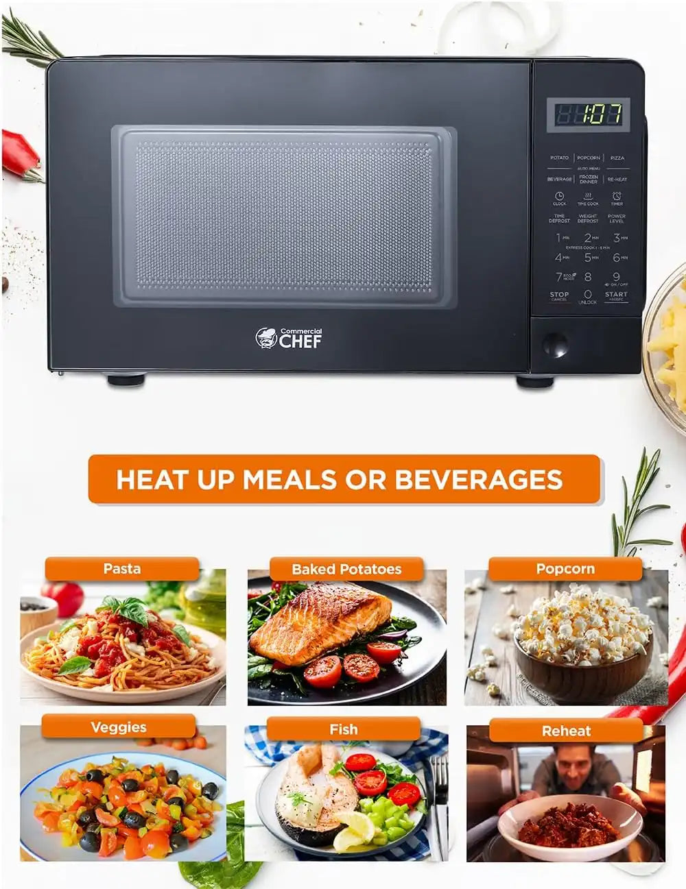 Commercial Chef 0.7 Cu. Ft. Countertop Microwave Oven, CHM770B, Black