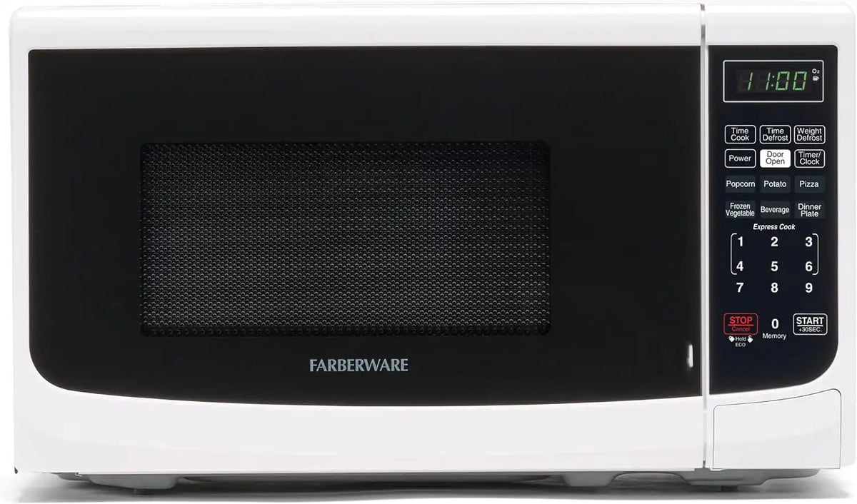 Farberware 0.7 Cu. Ft. Countertop Microwave Oven – 700 Watts Power, Auto Cook Settings, Defrost, Easy Clean and Child Safety Lock - White