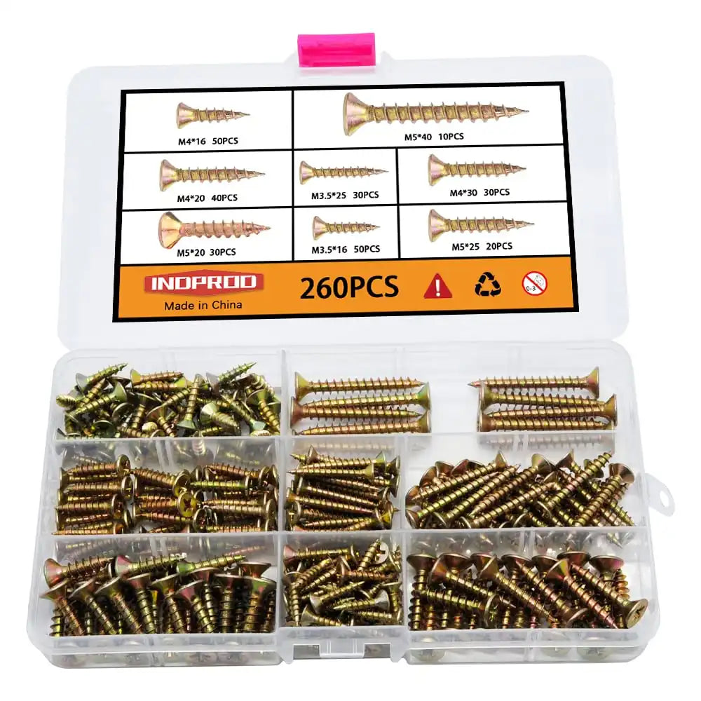 M3.5 M4 M5 Flat Head Wood Screws Assortment Kit 260 Pcs,Phillips Drive Countersunk Flat Head Self-Tapping Wood Screws,Yellow Zinc Plated Finish Screw Kit,Screws for Metal,Full Thread Screw Set
