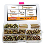 M3.5 M4 M5 Flat Head Wood Screws Assortment Kit 260 Pcs,Phillips Drive Countersunk Flat Head Self-Tapping Wood Screws,Yellow Zinc Plated Finish Screw Kit,Screws for Metal,Full Thread Screw Set