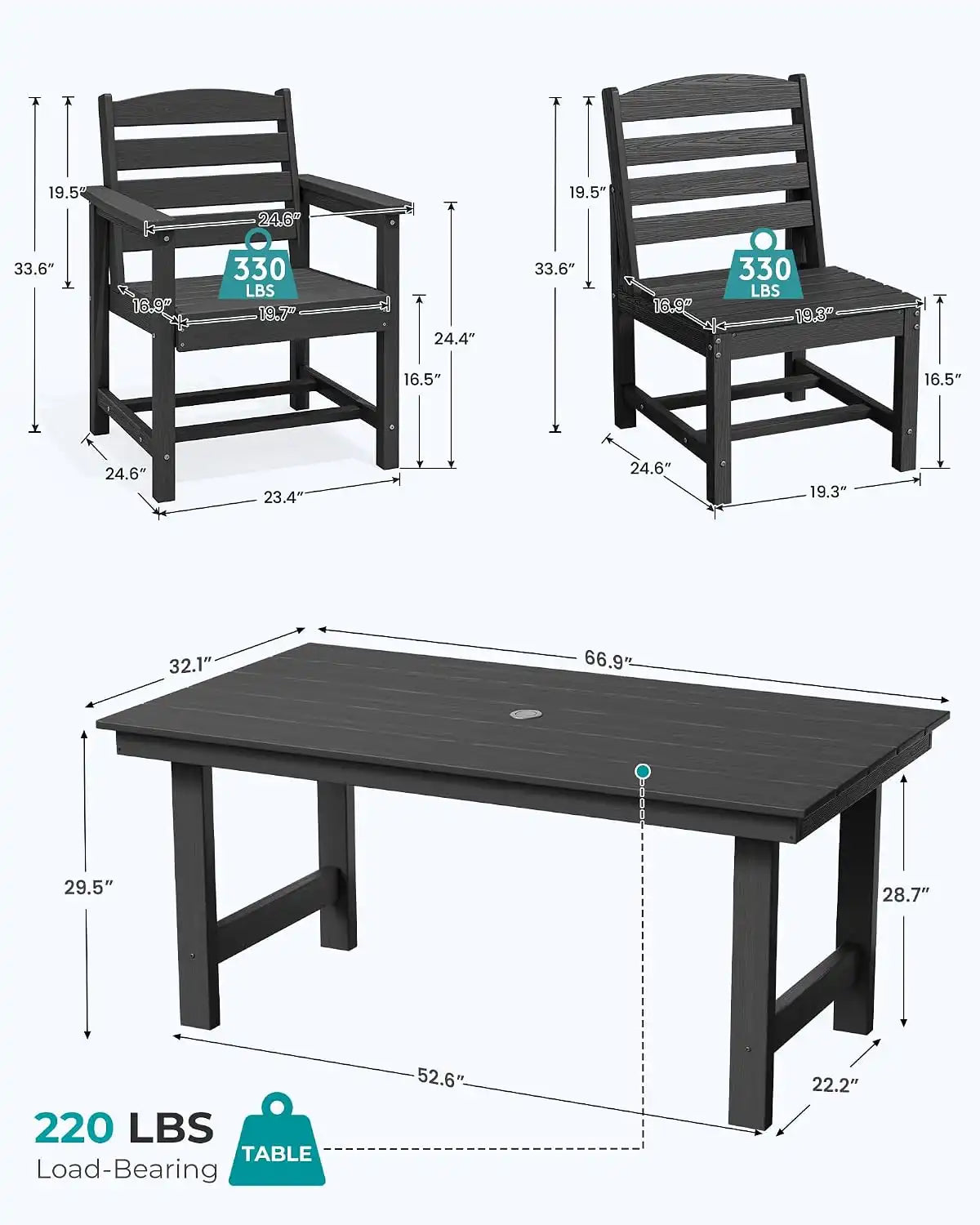 SERWALL HDPE Outdoor Dining Furniture, Outdoor Dining Set for 10, Black