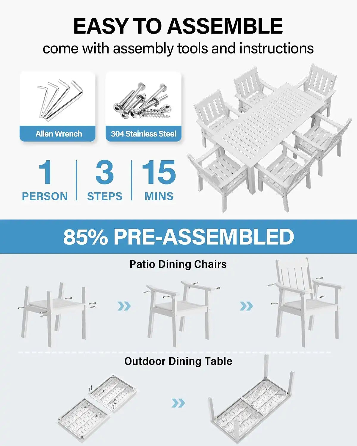 YEFU Patio Dining Chairs Set of 6, Weather Resistant HIPS, White
