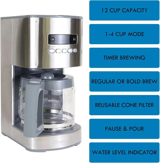 Koolatron Kenmore Aroma Control 12-Cup Programmable Coffee Maker, Stainless Steel Drip Coffee Machine, Glass Carafe, Reusable Filter, Timer, Digital Display, Charcoal Water Filter, Regular or Bold